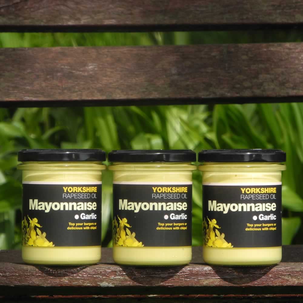 Three jars of Yorkshire Rapeseed Oil Garlic Mayonnaise on wooden bench with plant background