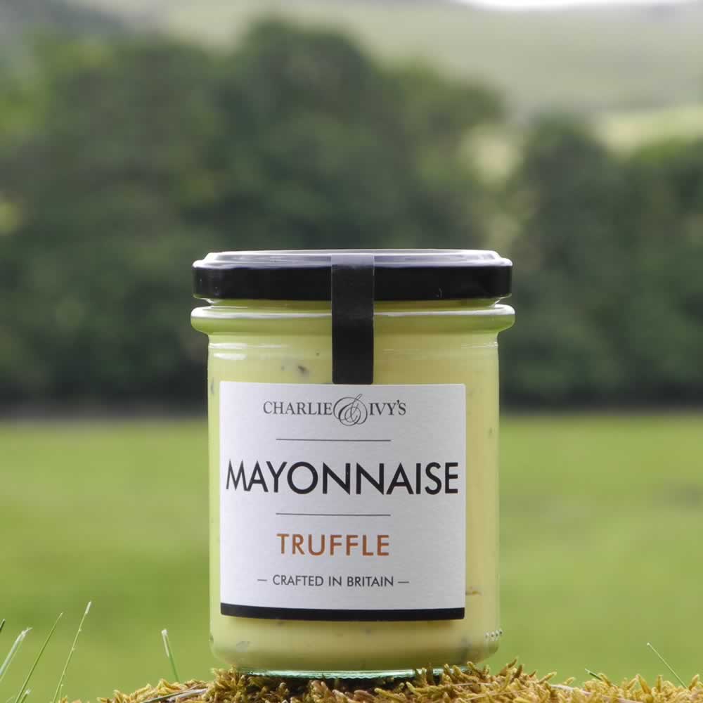 Charlie & Ivy's Truffle Mayonnaise with scenic countryside background