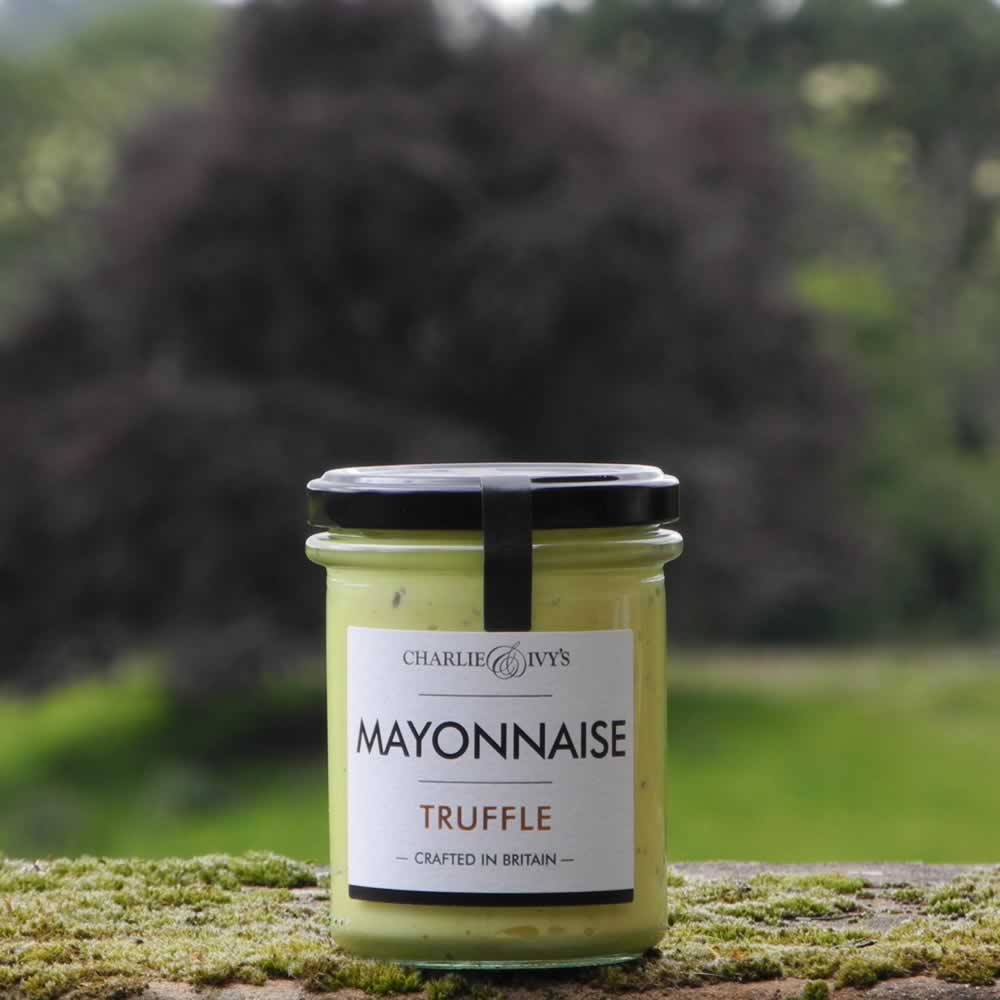 Charlie & Ivy's Truffle Mayonnaise with scenic countryside background