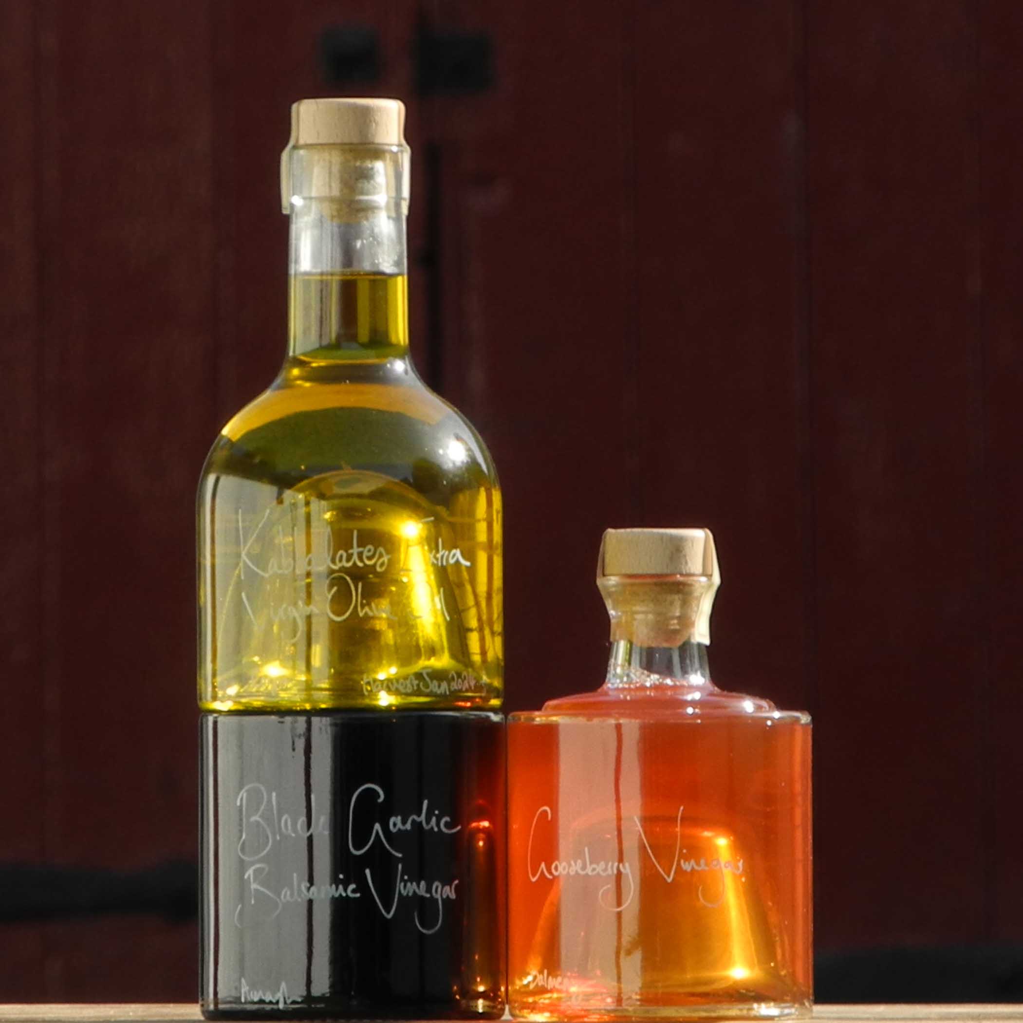 Corfu Olive Oil and Vinegar Gift Set with Gooseberry Vinegar and Black Garlic Balsamic Vinegar