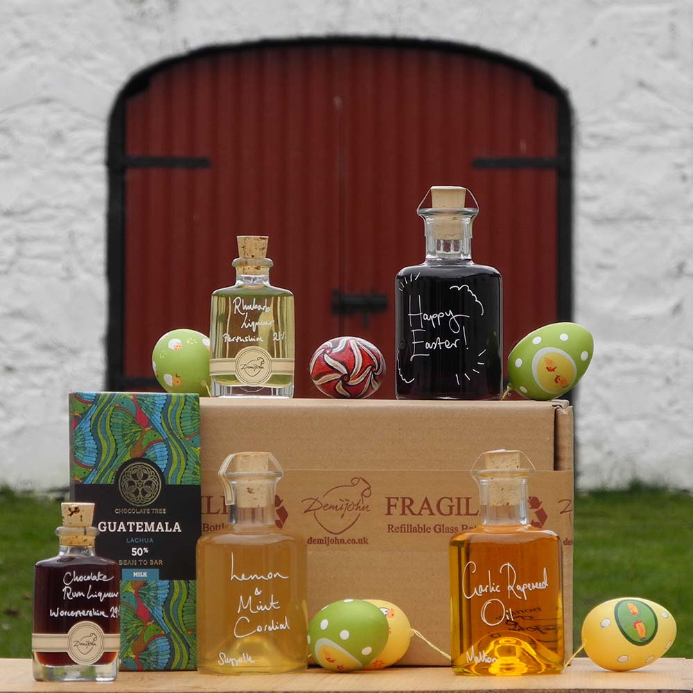 The Easter Gift Box of Delights with variety of alcohol and alcohol free Demijohn products