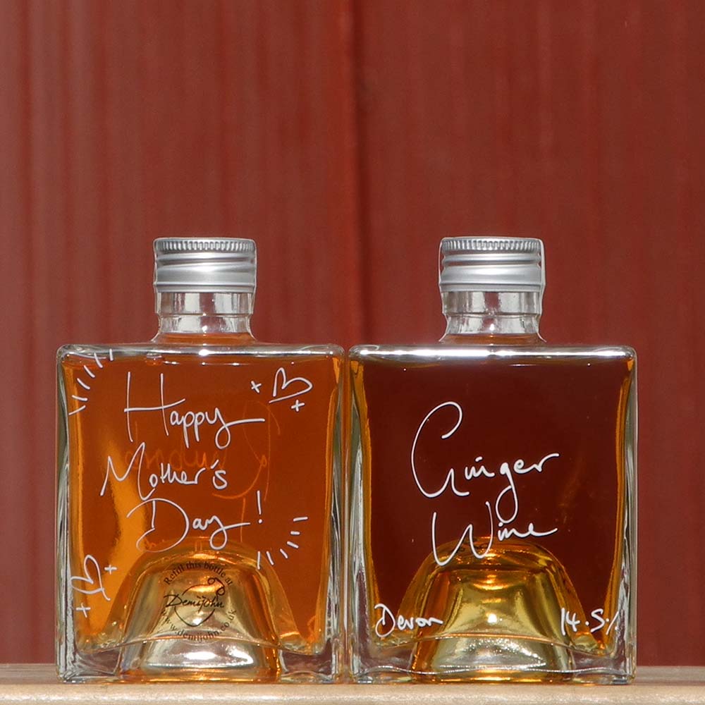 Carrie MaK Cocktail Gift Set with Rhubarb Liqueur and Ginger Wine in cube stacking bottles with a handwritten Mothers Day message